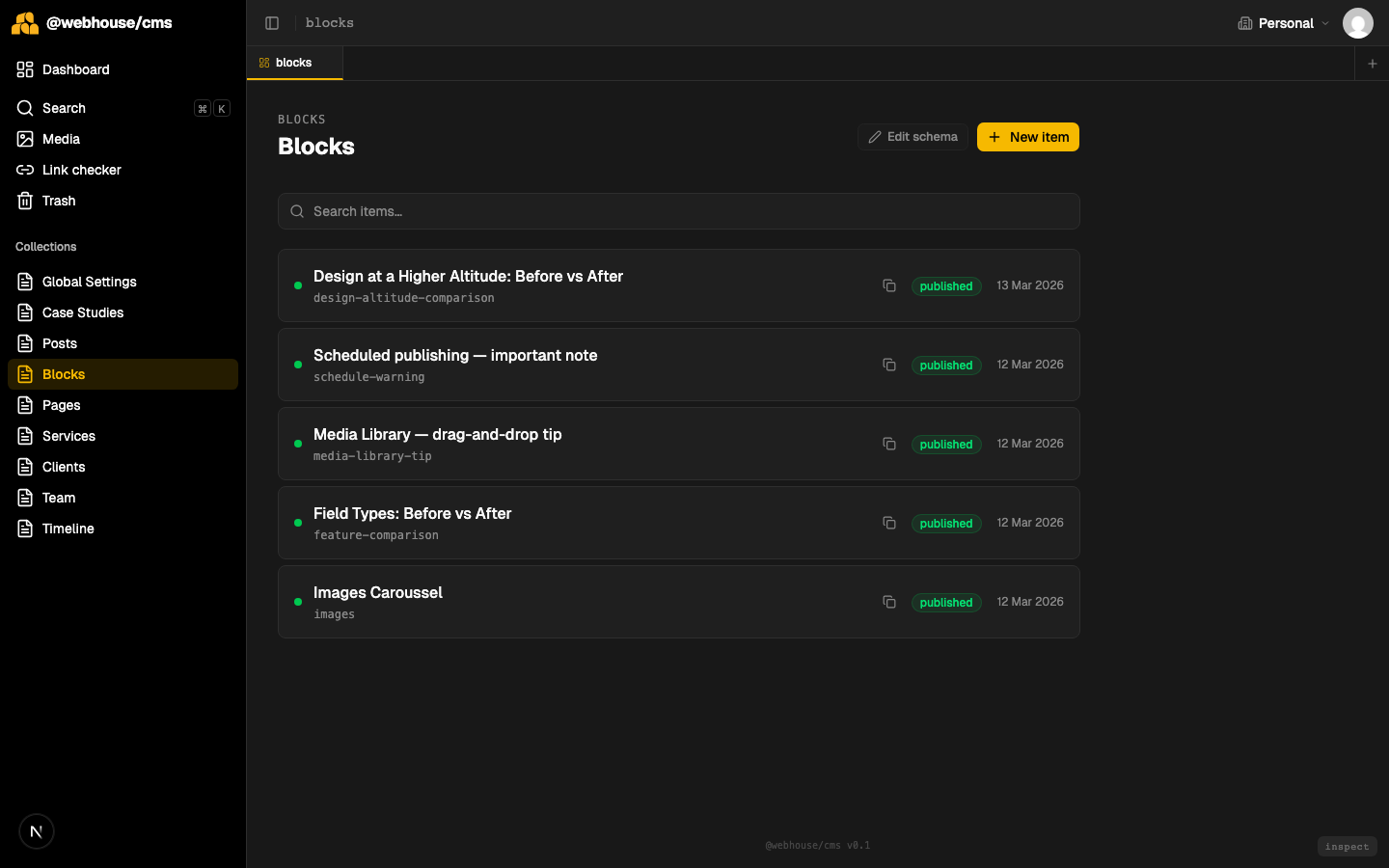 The Blocks collection in the admin