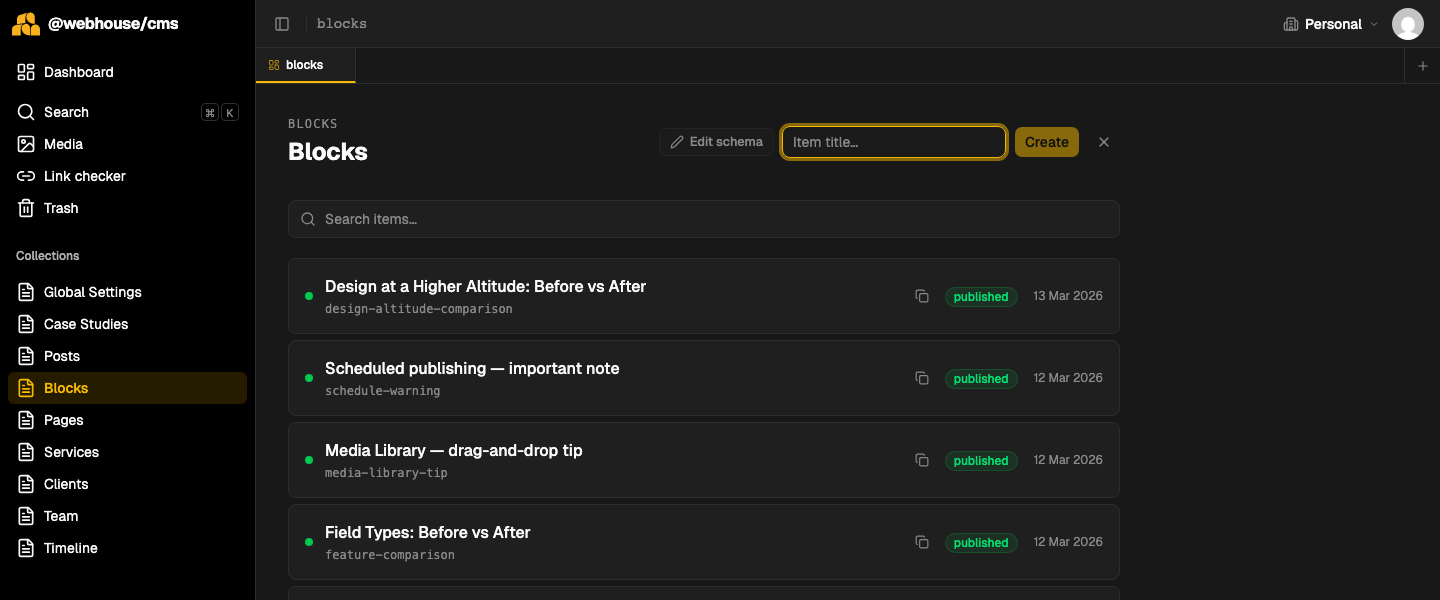 Creating a new block — the name input appears inline