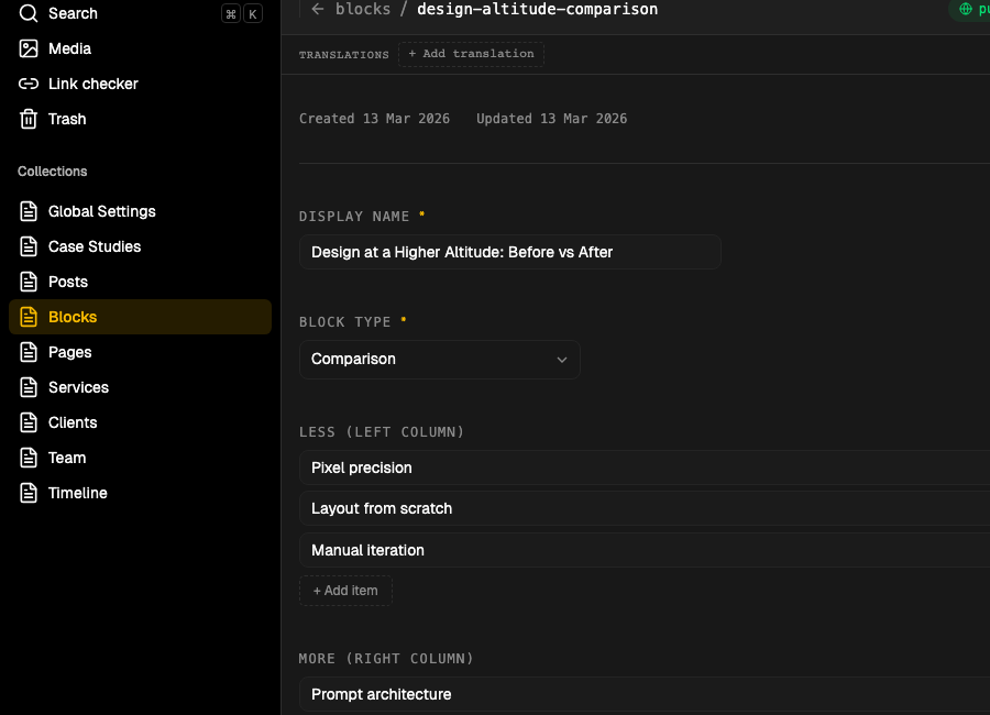 Selecting "Comparison" reveals the Less and More column fields