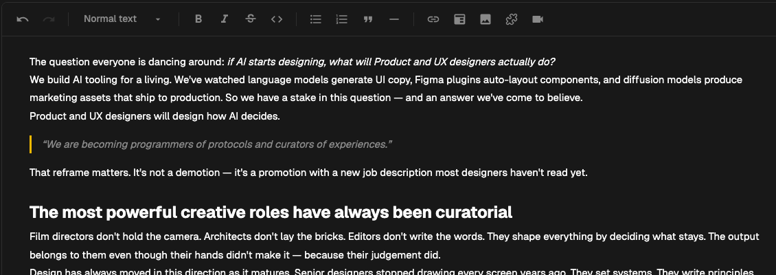 The richtext editor showing live content with the toolbar above